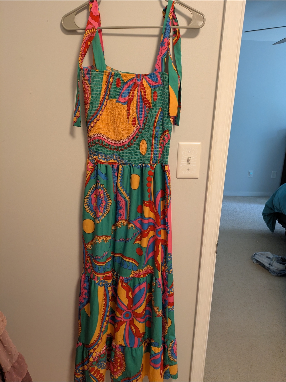 Sunday Up Tie-Shoulder Maxi Dress Size L Tropical Jungle Smocked Tiered Ruffle